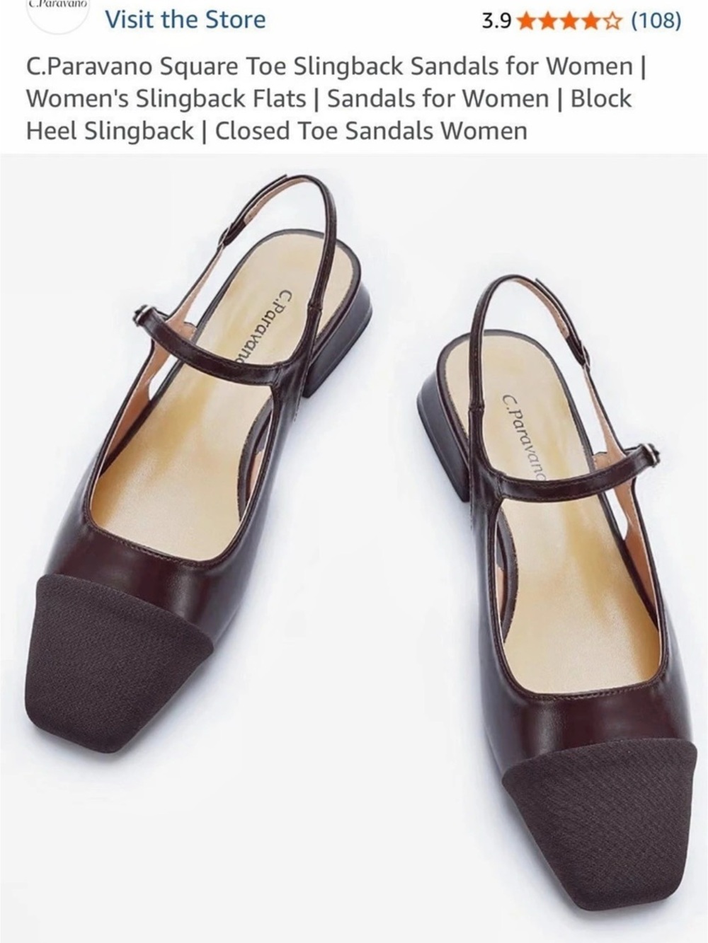 C.Paravano Square Toe Slingback Slingback Block Heels in Brown & Black
